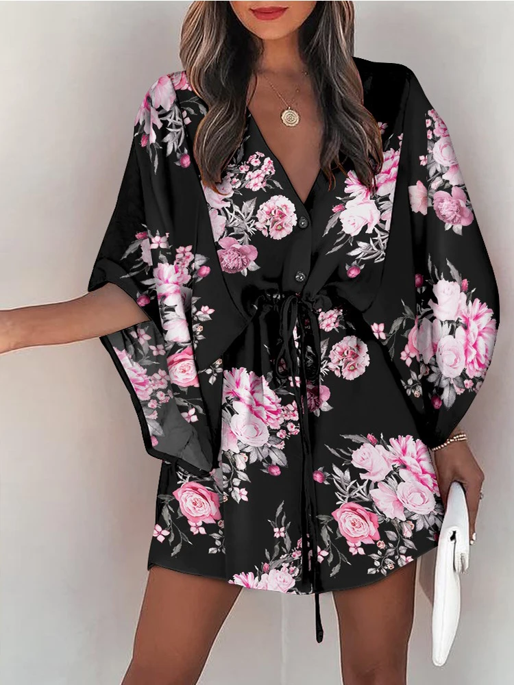 

Летние платья Shein Romwe 2022 для женщин, платье с цветочным принтом на пуговицах спереди, платье на шнуровке, повседневное мини-платье в стиле бох...