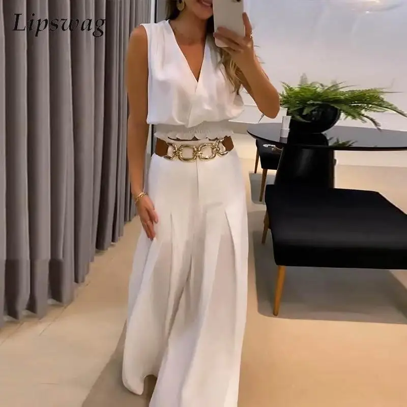 

Женский комплект из двух предметов, элегантный топ без рукавов и плиссированные широкие брюки с V-образным вырезом и оборками, повседневный ...