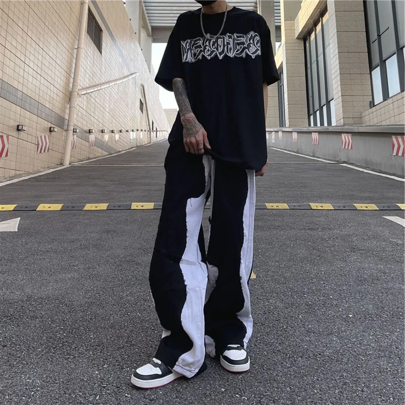 Couple Casual Pants High Street Functional Micro-Flare Pants Men's Slim Street Fashion Pants INS Hot Sale Patchwork Jeans JEANS