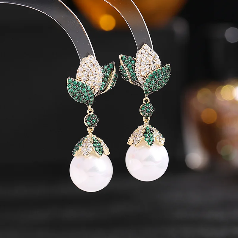 

S925 Silver Needle Dangle Earrings Zirconium Inlay Light Luxury Style Heavy Industry High Sense Flower Leaves Pearl Earrings