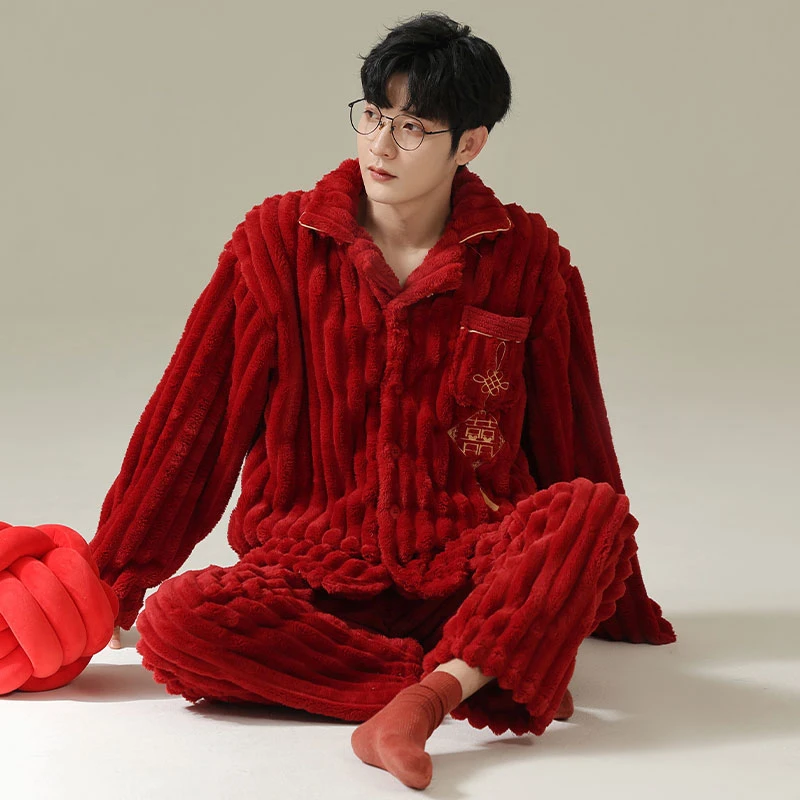 

Men's Winter Thicken Warm Flannel Pajamas Sets Male Long Sleeve Large Size Pyjamas Big Red Sleepwear Homewear Cardigan Pajamas