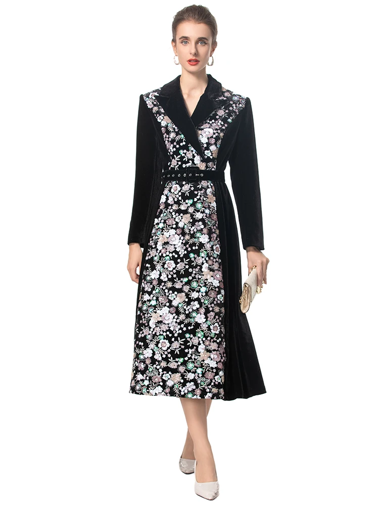 Женское бархатное пальто с вышивкой Seasixiang осенняя верхняя одежда отложным