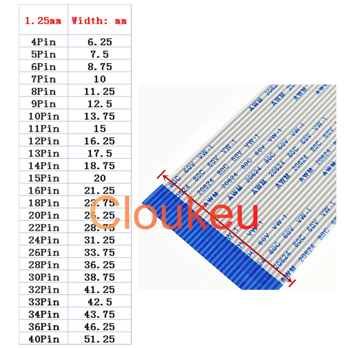AWM 20624 80C 60V VW-1 FFC FPC Гибкий плоский кабель 1 25 мм 5 см-30 см 4P-40Pin тип A интерфейс одного