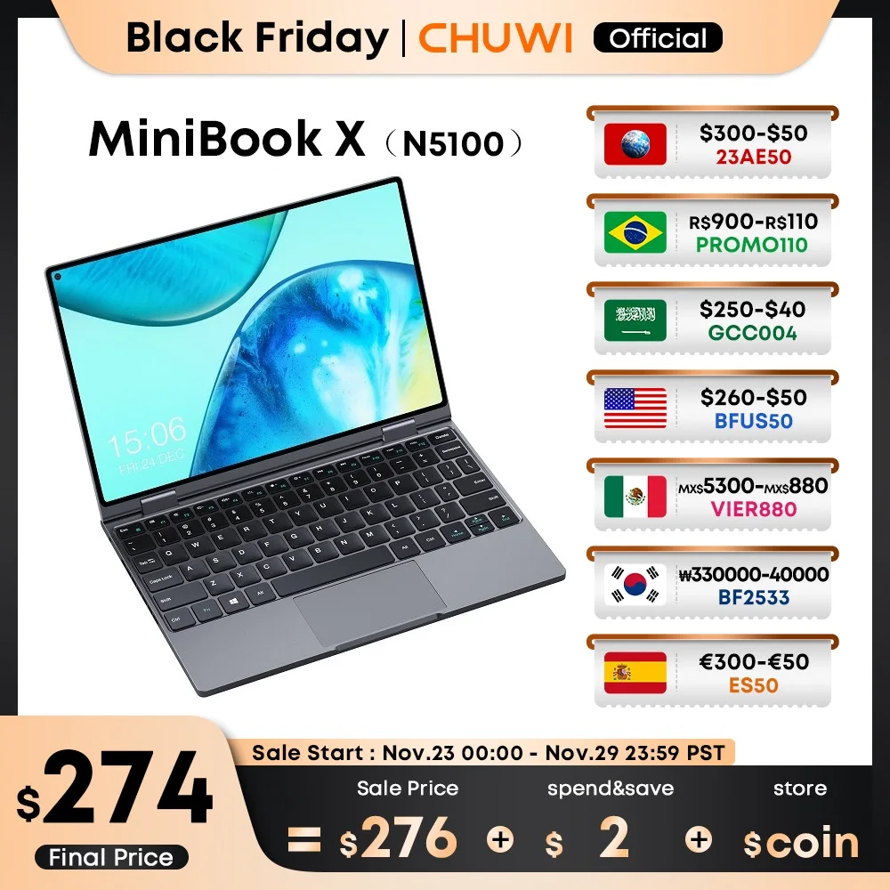 

CHUWI MiniBook X Laptop 12GB RAM 512 GB SSD Intel N5100 Processors 10.51" FHD IPS Screen 1920*1200 Windows 11 Tablet PC Notebook