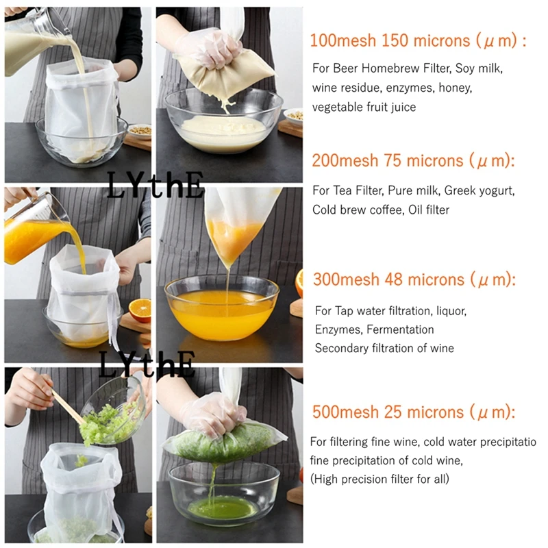 60-500Mesh Food Grade Nylon Filter Bag Nut Milk Tea Fruit Coffee Wine Mesh Net Sieve Strainer Reused Kitchen Filter Fabric Bags images - 6