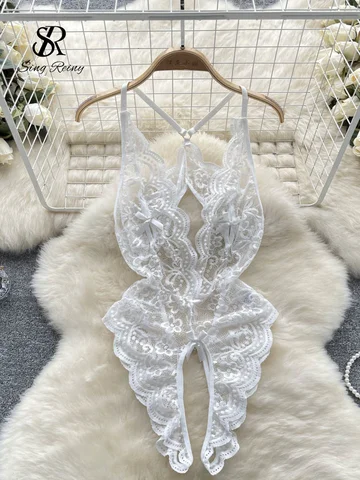 SINGREINY Underwear Mesh Lace Bodysuits Women V Neck Bow Backless Sexy Short Playsuits Ladies Transparent Retro Slim Rompers