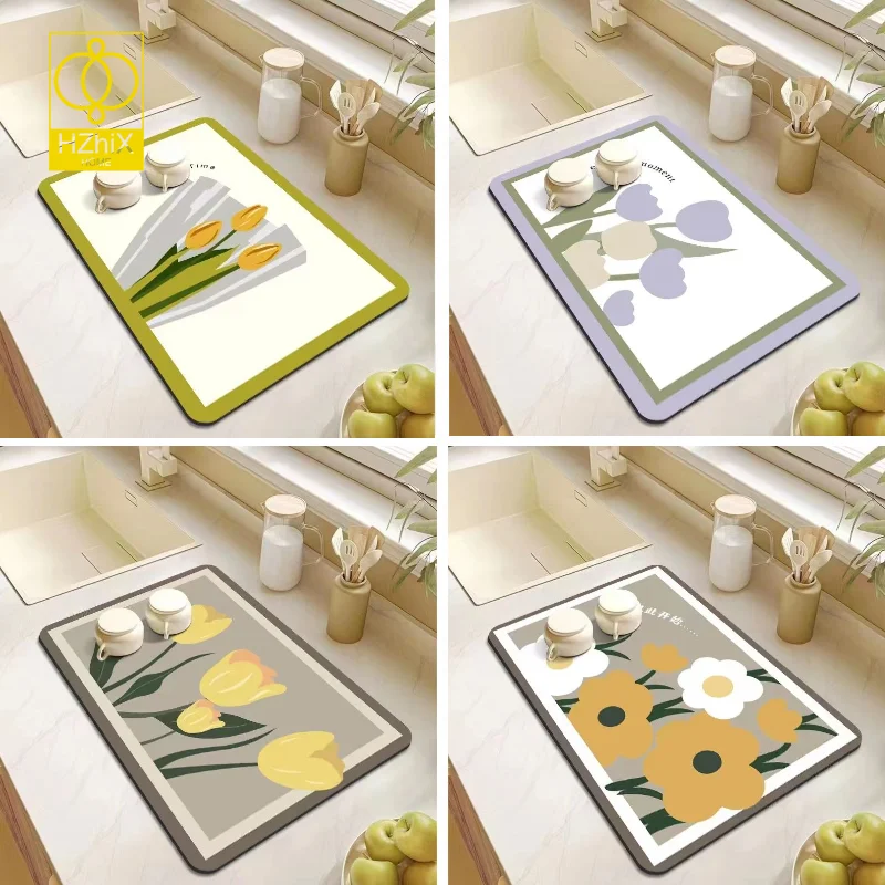 

Tulips Kitchen Dish Drying Mat Silicone Waterproof Pads Protector Super Absorbent Mats Anti-Bacteria Table Placemat Drain Pad