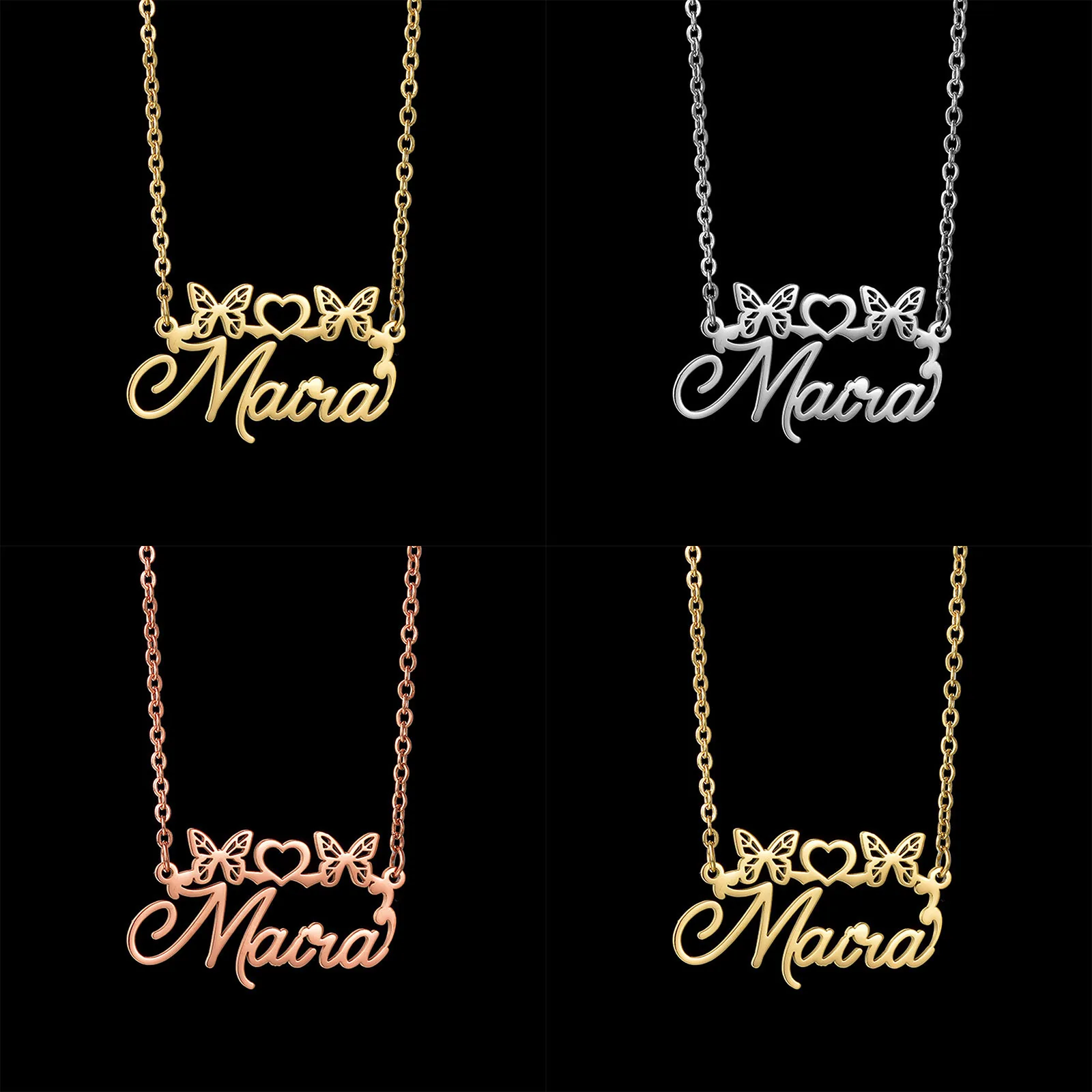 

304 Stainless Steel Customized Name Butterfly Necklace Personalized Letter Pendant Nameplate Jewelry 45cm(17 6/8") Long, 1 Piece