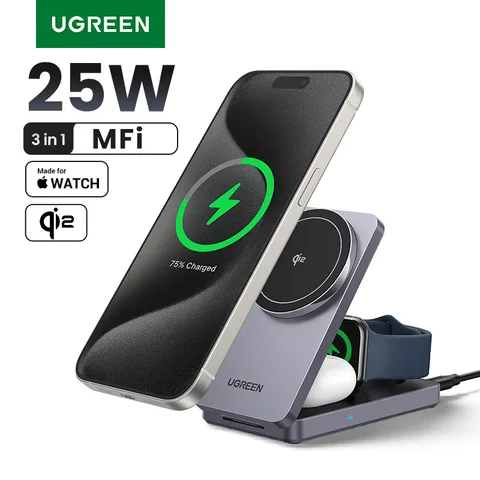 UGREEN 3-в-1 MFi 15 Вт MAX Магнитное беспроводное зарядное устройство Qi2 Подставка для зарядки для iPhone 16 17 Pro Max Для быстрого зарядного устройства MagSafe