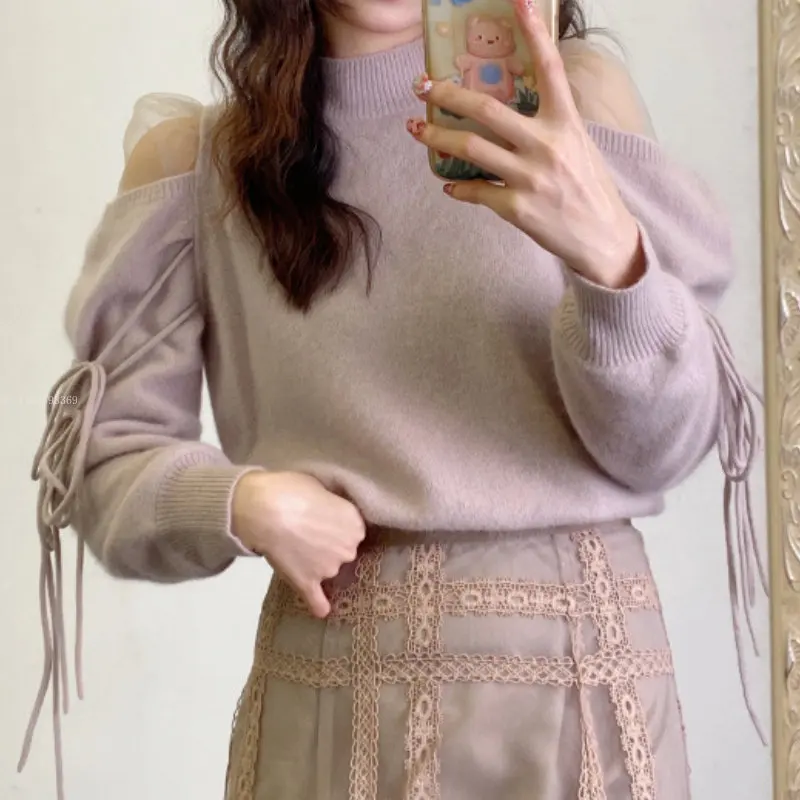 

Sexy Shoulder Strapless Drawstring Voile Patchwork Sweaters Autumn Chic Sweet Knitted Pullovers Japan Style O-neck Tops