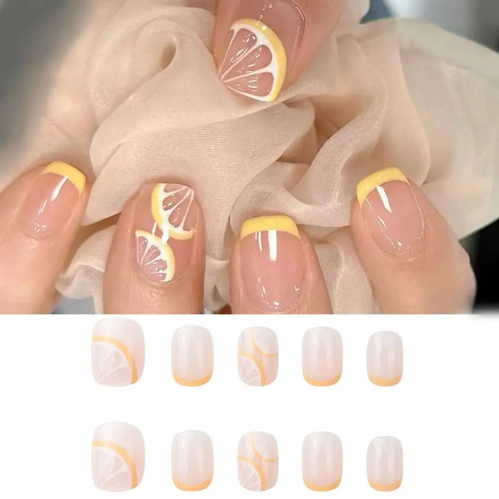 

24pcs Detachable Manicure Press on Nails DIY Short Square False Nails French Yellow Lemon