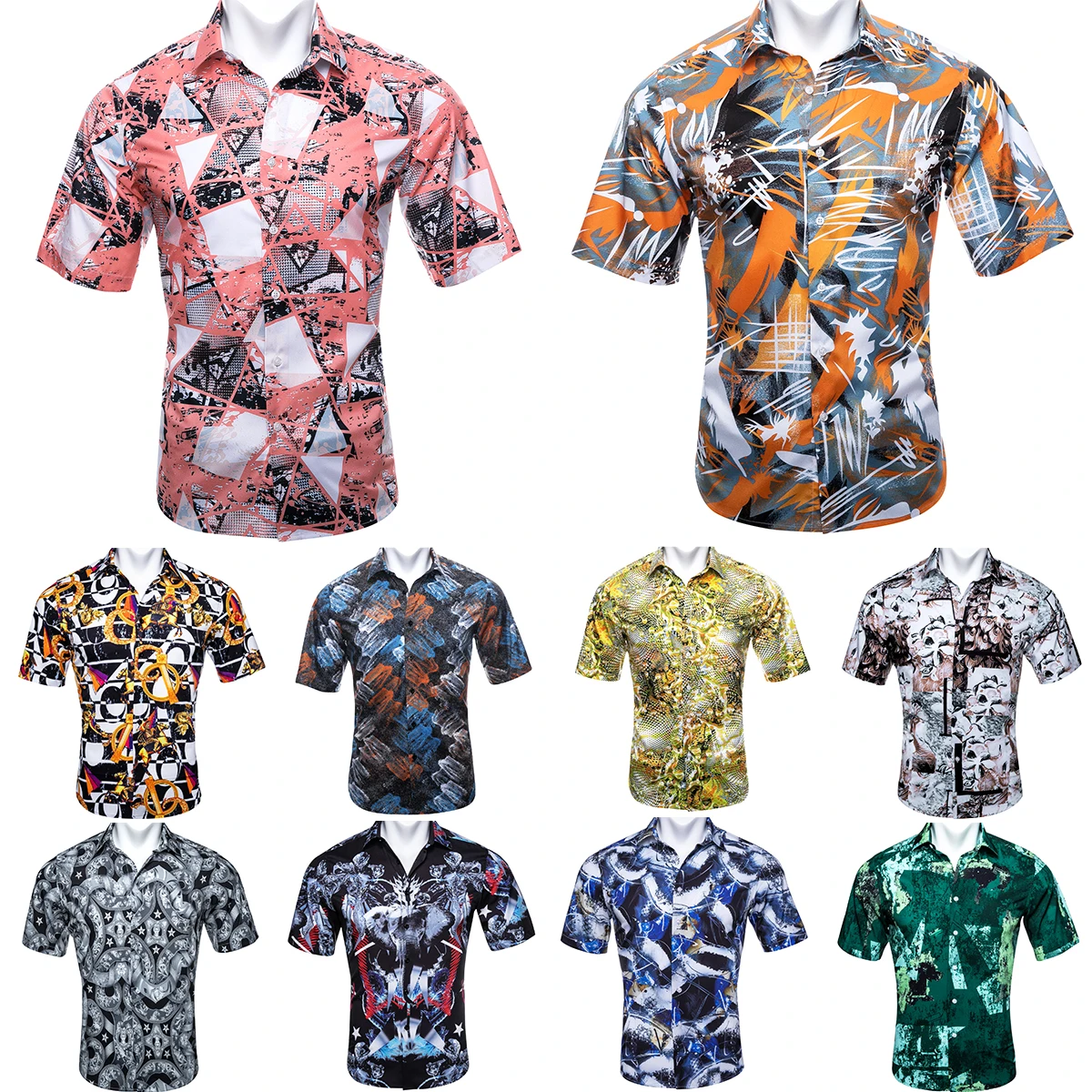 

Дизайнерские шелковые рубашки для мужчин, розовый оранжевый синий зеленый белый желтый черный топ с коротким рукавом, пляжные мужские блуз...