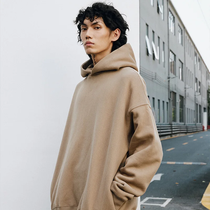 

Henzworld Men's Fashion Brand Plush Thickened Couple Hoodie Off Shoulder Casual Loose Solid Color Hoodie Men's Couple's Pullover