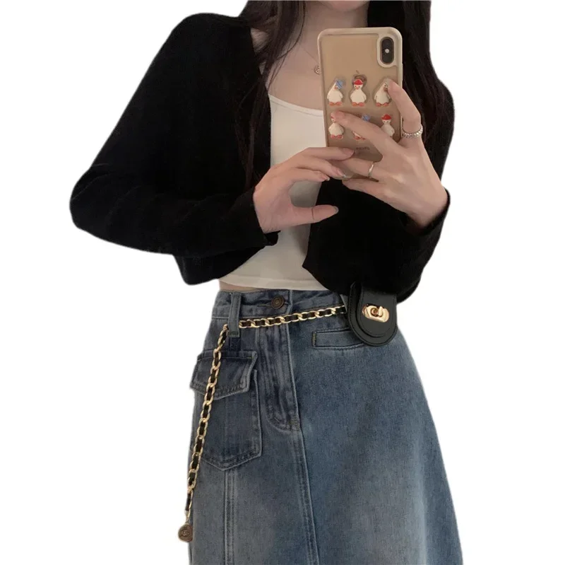 Вязаный кардиган женский летний свободный короткий топ с длинными рукавами