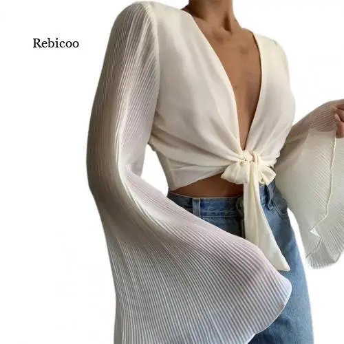 

Spring Autumn Women Blouse Sexy Deep V Neck Shirt Flare Long Sleeve Solid Color Tops Office Lady Loose Blouses Female Streetwear