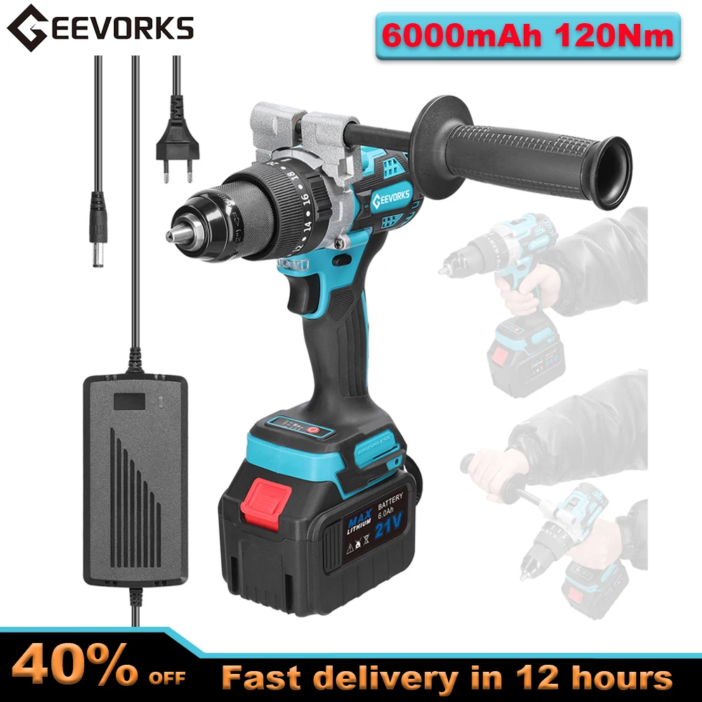 

3in1 Electric Screwdriver 13mm Impact Drill 21V 120Nm Hammer Drill Rotation Ways Adjustment 20+1 Gears of Torques Adjustable