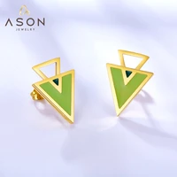 asonsteel stud earrins gold color stainless steel two triangles with green dripping oil trendy earrings for women office daily