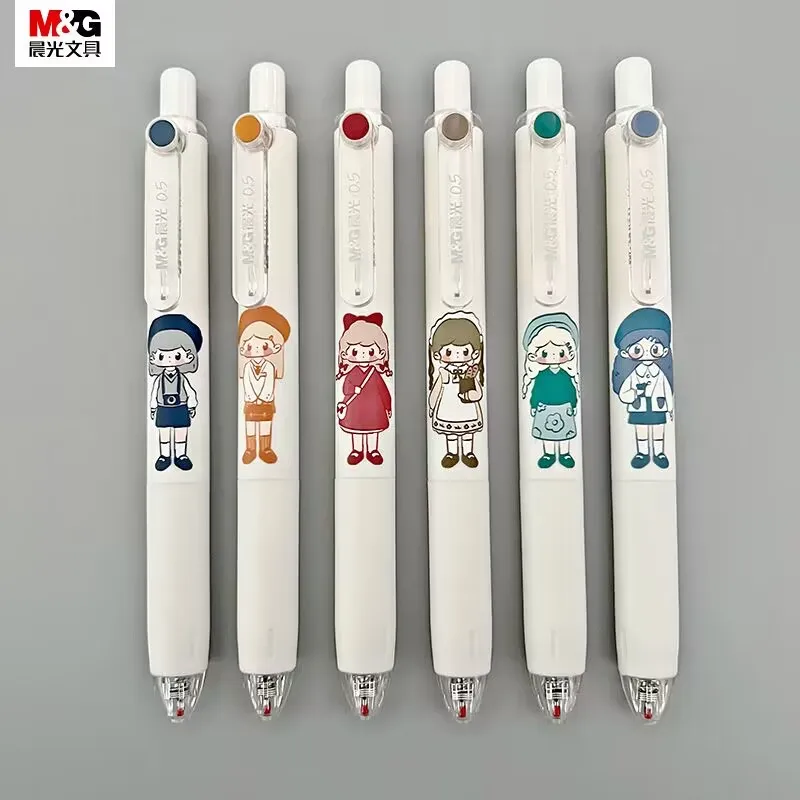 6pcs/set M&G Cute Little Girl Colorful Push Neutral Pen Retro Colorful 0.5mm Gel Pen Cheap Kawaii Stationery School Supplies