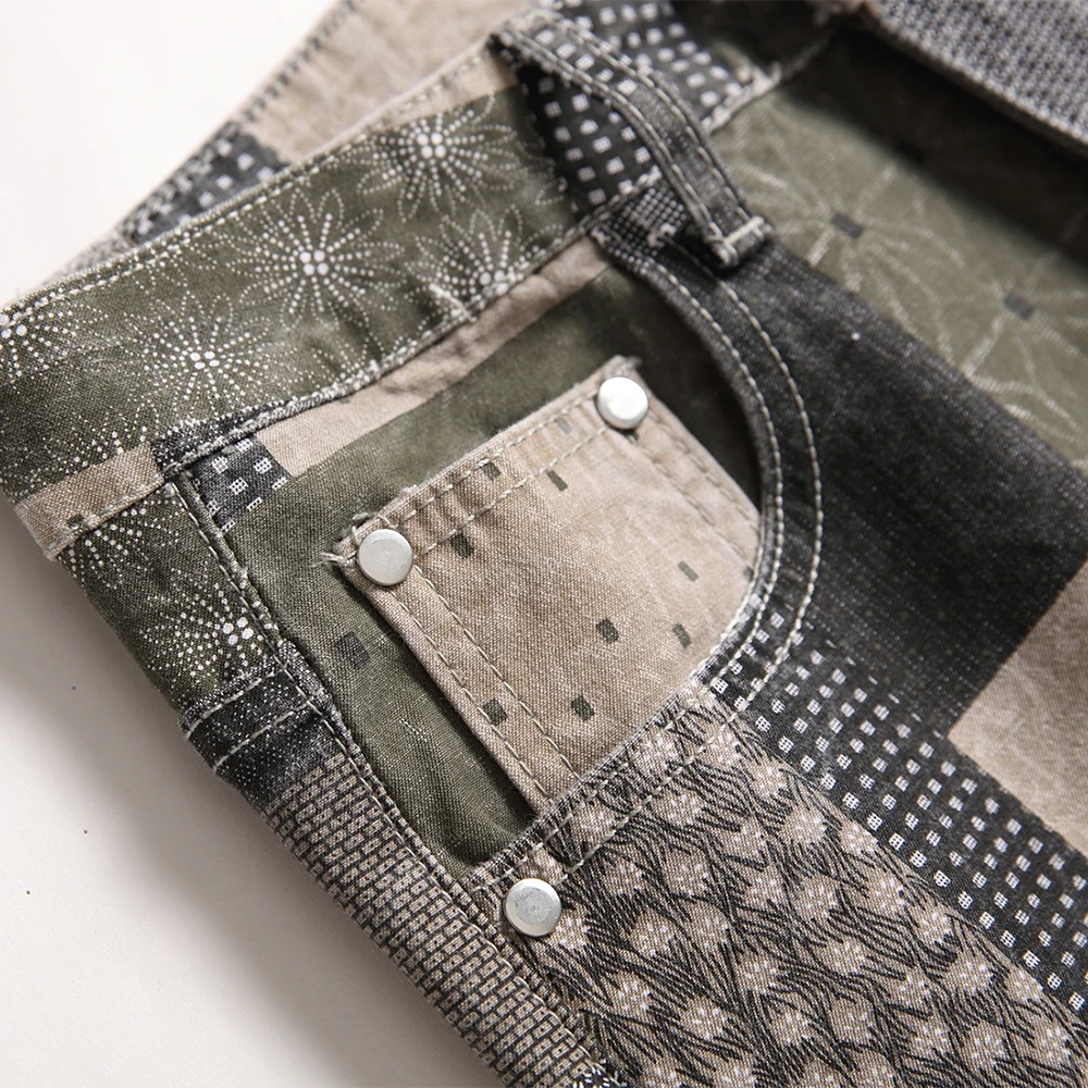 Men's Patch Patchwork Printed Jeans Fashion Slim Straight Stretch Denim Pants Plaid Digital Painted Trousers graphic jeans