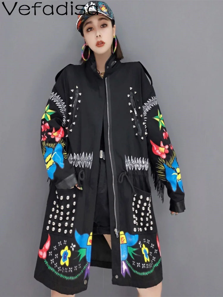 

Vefadisa 2023 Autumn New Women Long Sleeve Lapel Windbreaker Loose Tassel Splicing Hot Drill Printing Elastic Waist Coat LHX1902