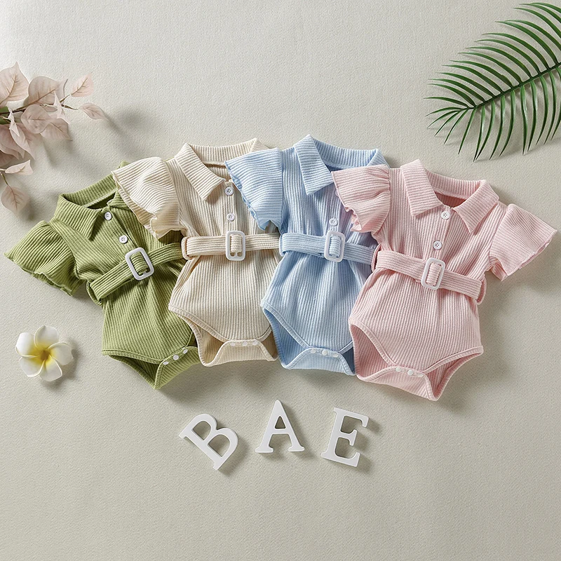 

2022 Baby Romper Solid Color Turn-Down Collar Fly Sleeve Bodysuit with Waist Belt Summer Baby Clothing 0-24 Months