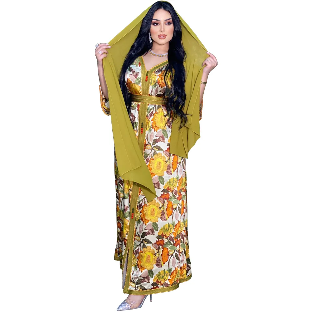 ICCLEK Luxury Flower Print Tunics Hijab Abaya For Women Dubai 2023 Turkish Muslim Long Woman Dress Islamic Clothing Women