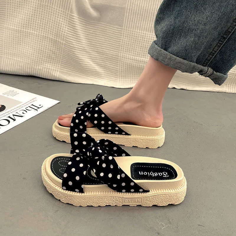 

Женские сандалии на толстой подошве, модные дизайнерские черные пляжные сандалии и тапочки в горошек для девушек, 2022