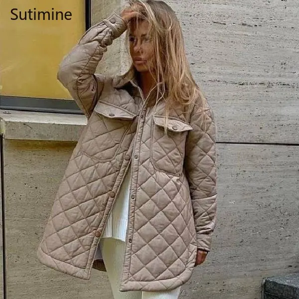 Winter Coat Women Casual Lace-up Wide-waisted Lapel Loose Warm Diamond Heavy Cotton Padded Jacket Pockets Winter Clothes Women