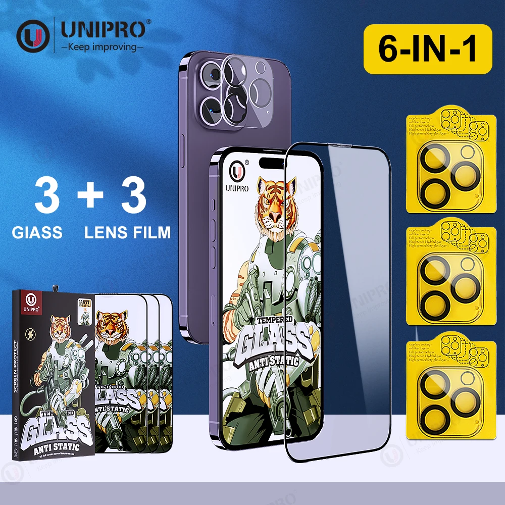 

UNIPRO 6IN1 Tempered Glass Screen Protector For IPhone 14 13 12 11 Pro XS Max Plus Mini Camera Lens Film Protective Glass