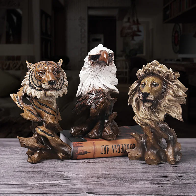 Estatua artística de cabeza de Animal, figuritas de resina simuladas, águila, Lobo, Tigre, León, caballo, escultura de raíz de madera de imitación creativa, artesanía