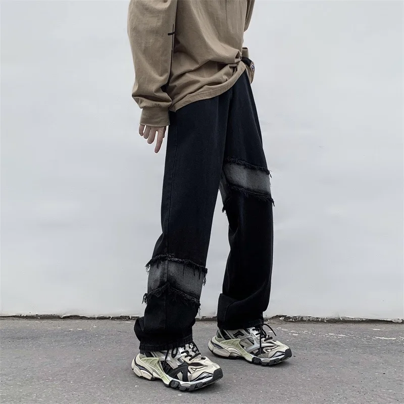 DEEPTOWN Gothic Patchwork Jeans Men Ripped Black Denim Pants Male Vintage Straight Trousers Streetwear Hip Hop Fashion Spring