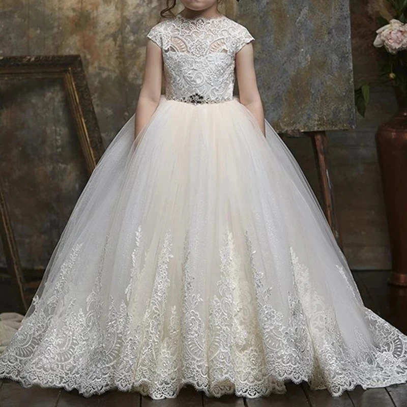 

Hand Made Cap Sleeves Ball Gown Flower Girl Dress Keyhole Back Sweep Train Toddler Infant First Communion Clothing for Kids