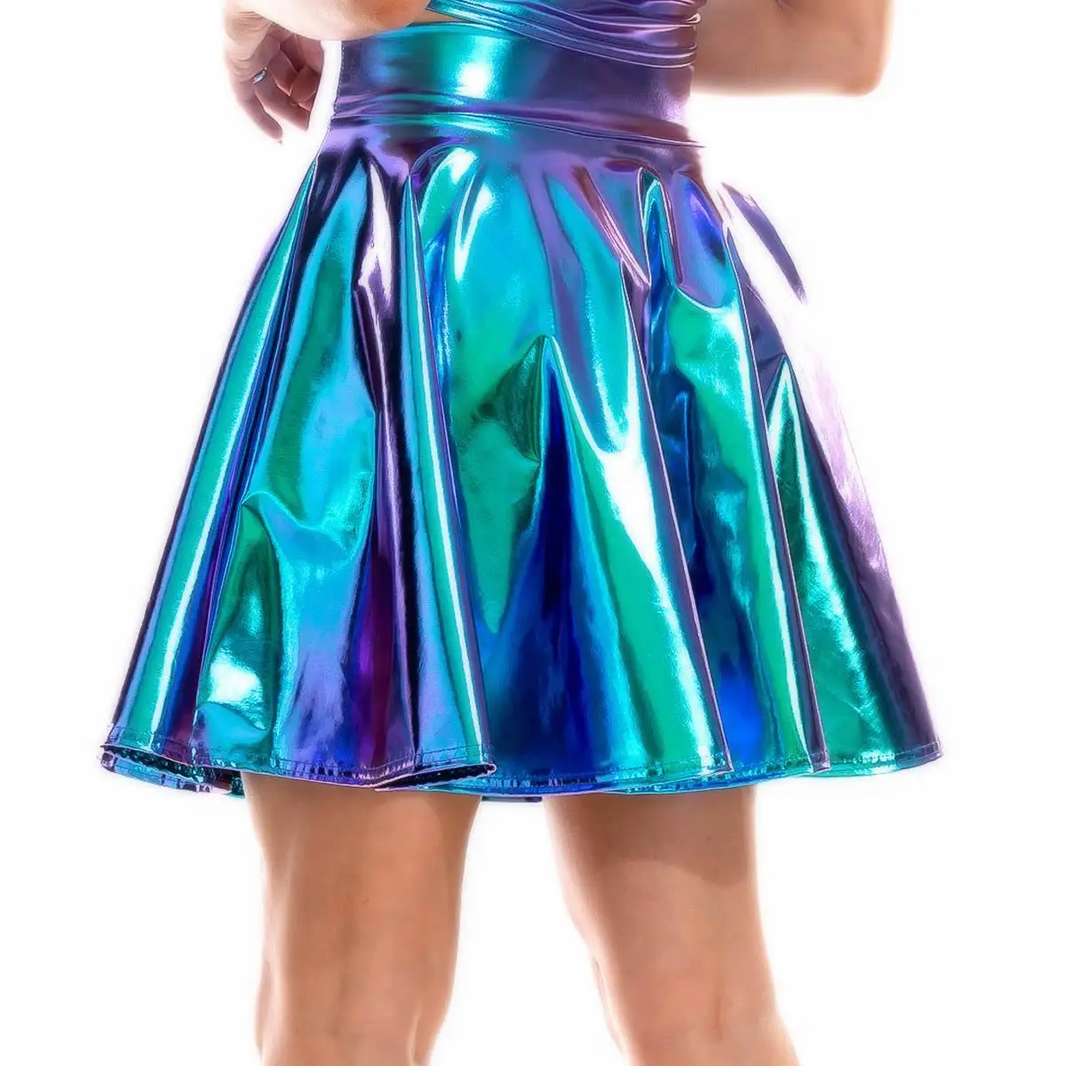 

Юбка из ПУ кожи с высокой талией, модная пикантная Повседневная блестящая металлическая плиссированная мини-юбка с лазерным эффектом, для т...