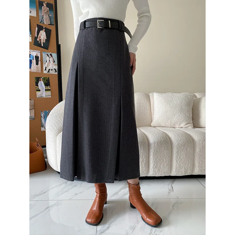 

Wool Blended Fashion Winter Women Long Skirt High Waist Ruched Good Quality Lady Grey Color Skirts