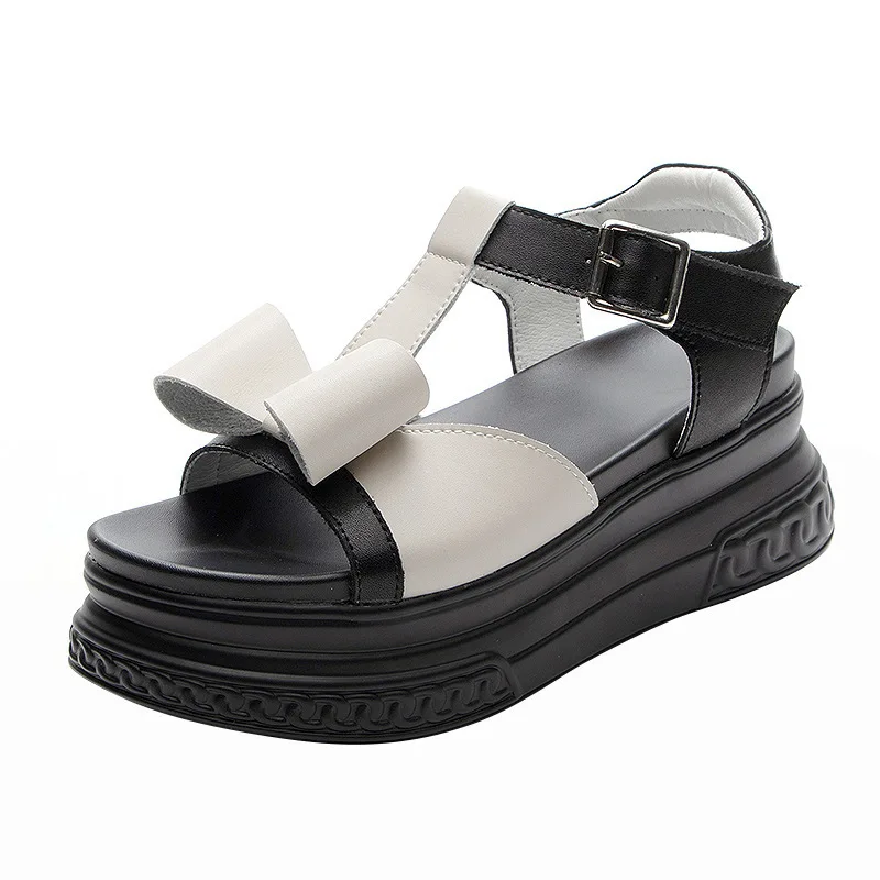 

7cm Genuine Leather Women Platform Sandals Wedge Slides High Heel Women Summer Shoes Sweet Elegant Bowtie Shoes Slippers