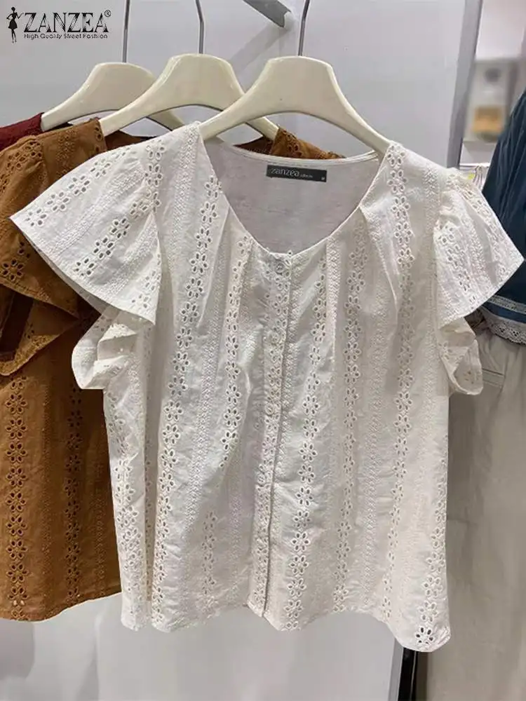 Женская летняя блузка ZANZEA на пуговицах модель 2024 года Корейская с вышивкой