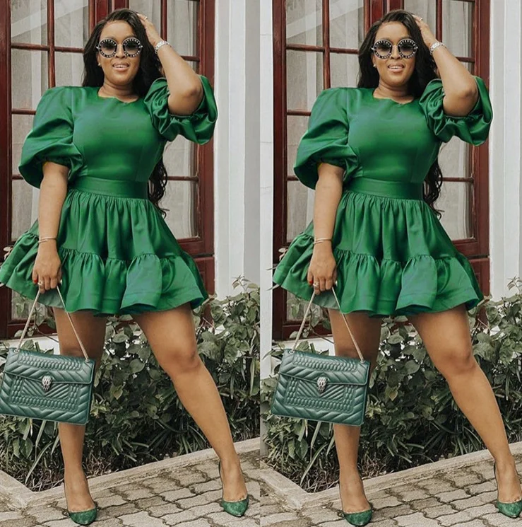 

Fashion Women Dress Solid Color Commuter Short Dress Tiny Green Solid Pleated Dress Summer Round-neck Female Dinner Office Dress