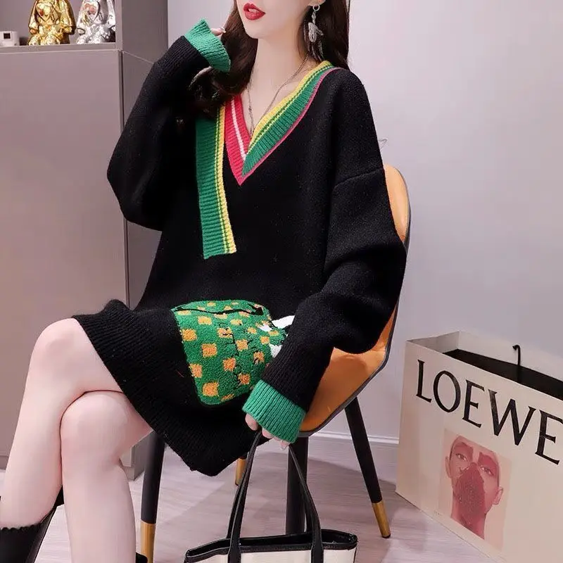 # 3841 черный белый красный пуловер вязаный свитер женский свободный с рукавами