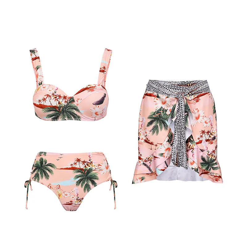 Green Print Deep V Bikini Set And Cover Up Ruffle Straps Backless Sexy Beachwear Ladies Slim High Waist Fit Summer Swimsuit