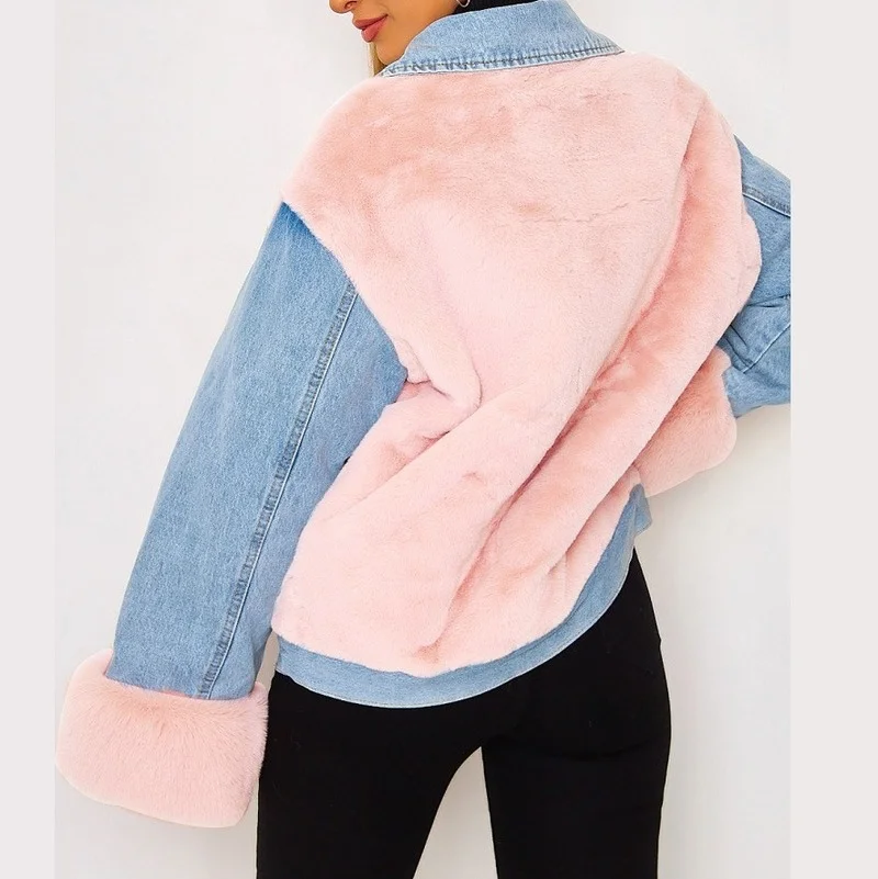 Warm Fleece Denim Patchwork Coat Fashion Jacket Ladies Autumn and Winter Casual Loose Long-sleeved Jacket Streetwear Crop Jacket