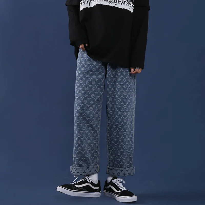 New Man Jacquard Cashew Print Jeans Vintage Wide Leg Pants 2021 Men Spring Autumn Fashion Mid Waist Straight Jean Streetwear Y2k