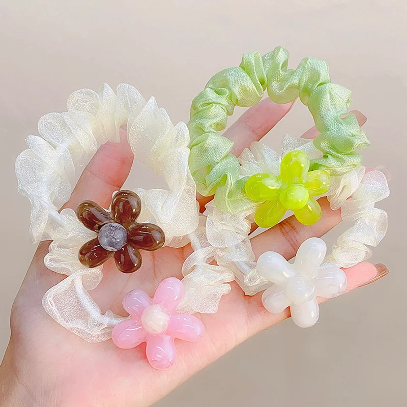 

2022 Summer Cute Flower Solid Color Mesh Organza Large Elastic Hair Band For Girl Children Student Kawaii Cool Rubber Rope Ties