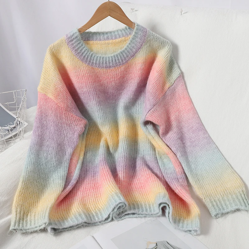 

Kawaii/радужные свитера для студентов и девушек; Зимние женские свитера с градиентом; Femme; Полосатый свитер; Топы