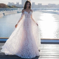 lace wedding gown a line beading spaghetti straps v neck sexy wedding dress long sleeves belt zipper up beach bridal dress 2022