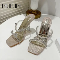 new summer pvc crystal rhinestone womens slippers sandals stiletto square toe hollow sequin gold silver slides pumps high heels