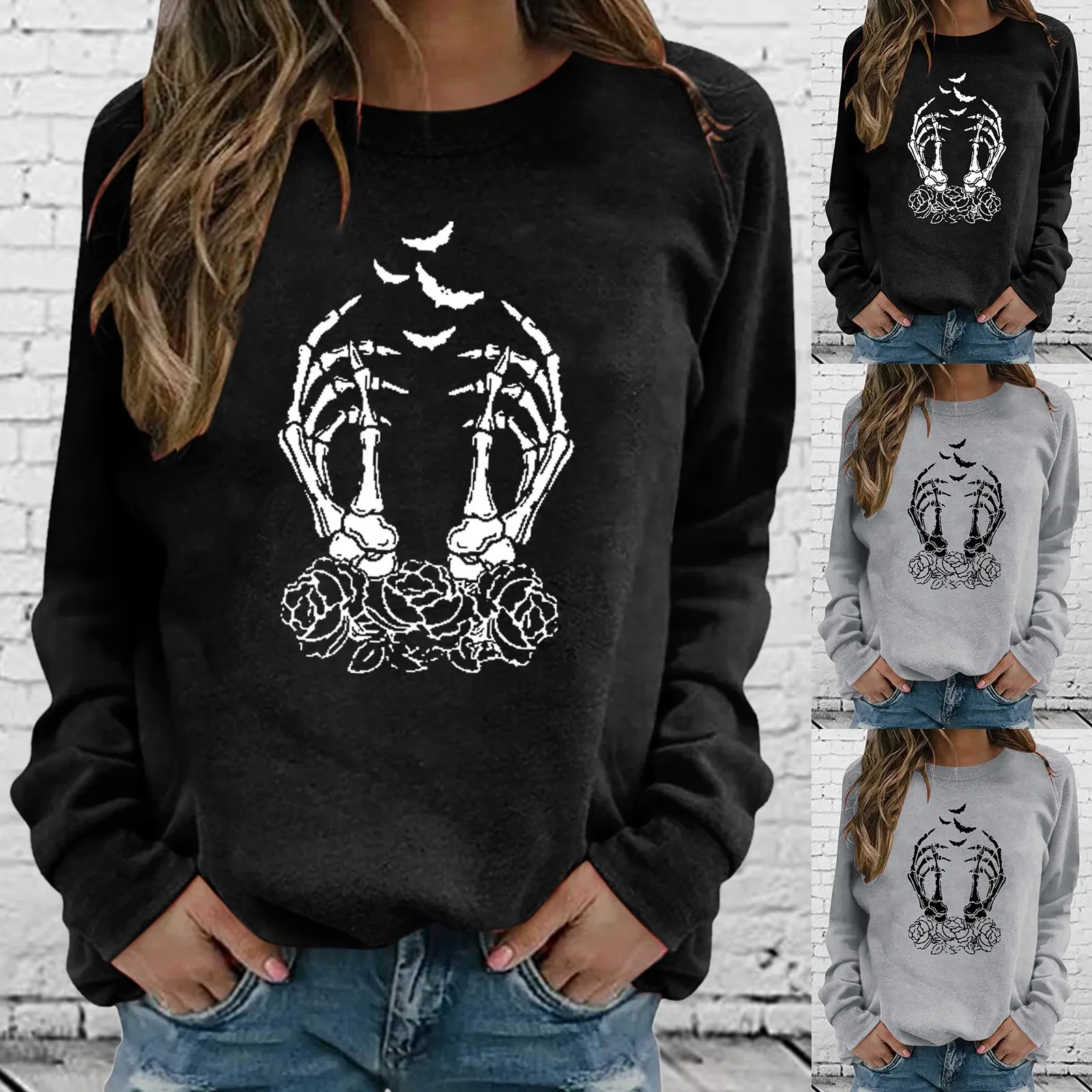

Womens Casual Long Sleeve Crew Neck Skeleton Printed Hoodless Pullover Sweatshirt Top Blouse Ladies Long Sleeve Fleece Tops