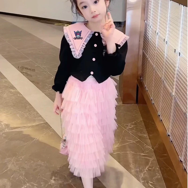 

New Kuromi Girl Suit Sanrios Anime Two Piece Set Kawaii Autumn Winter Cartoon Child Long Sleeves Cupcake Dress Christmas Gift