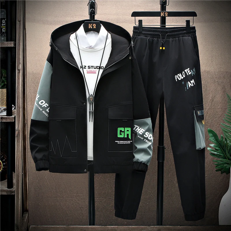 

Мужская куртка, повседневный спортивный костюм, весна и осень, Корейская версия, трендовый красивый свитер с оборками и капюшоном, комплект ...