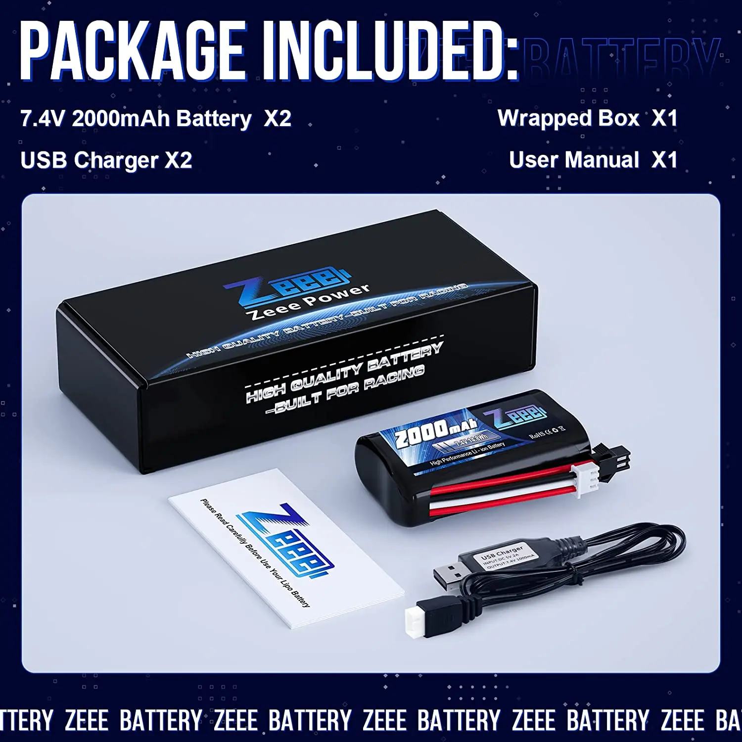 2Units Zeee 2S Li-ion Battery 7.4V 2000mAh Battery with SM 2P Connector 2 USB Charger for RC Cars Trucks FPV Racing Hobby Parts images - 6