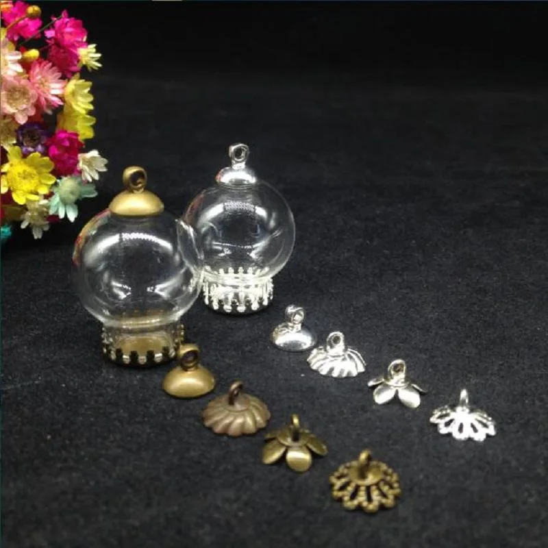 

300sets/lot 20*15mm clear glass vial pendant with crown base 8mm cap glass cover dome necklace wishing bottle jars diy cute gift